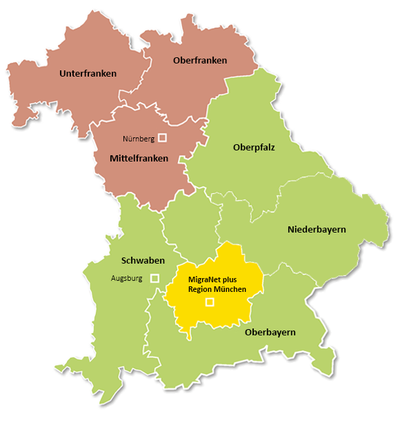 Karte mit den Regionalen Integrationsnetzwerken in Bayern.