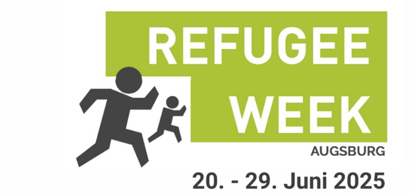 Logo der RefugeeWeek Augsburg. Zwei stilisierte Figuren in Bewegung auf grünem Hintergrund. Text: "Refugee Week Augsburg, 20.–29. Juni 2025