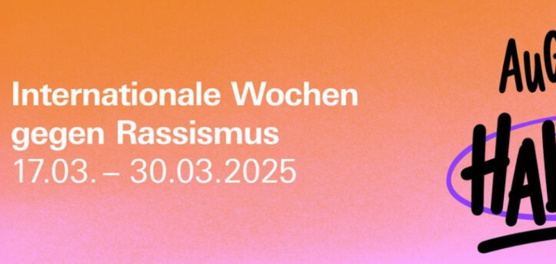 Keyvisual der Internationalen Wochen gegen Rassismus 2025 mit dem Motto „Menschenwürde schätzen“ in bunten Farben.