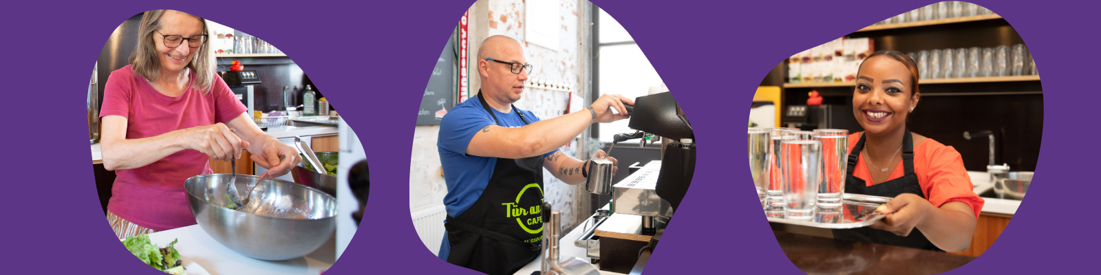 Ehrenamtliche Helfer*innen im Café Tür an Tür bereiten Speisen zu, bedienen Gäste und arbeiten an der Kaffeemaschine – gelebtes Engagement beim Schmeckfestival in Augsburg.