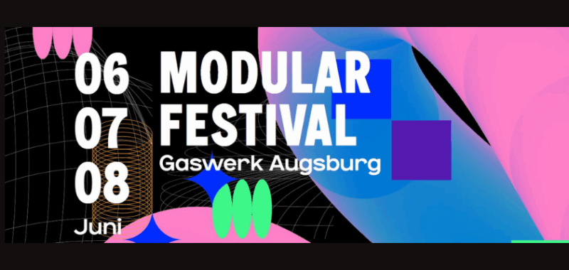 Buntes Keyvisual des Modular Festivals 2025 in Augsburg. Motto 2025: „Modular für alle – Utopie oder Realität?“