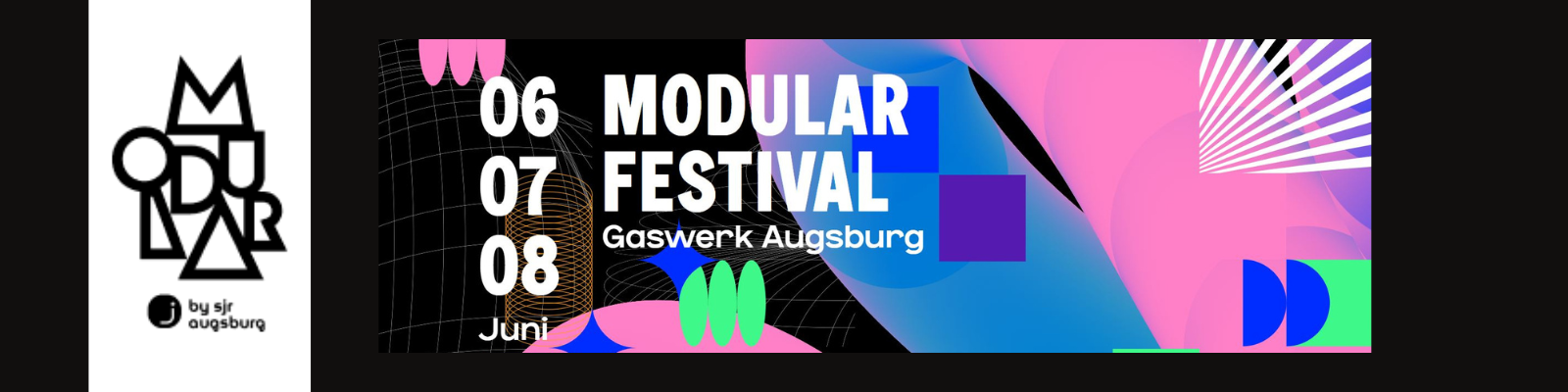 Buntes Keyvisual des Modular Festivals 2025 in Augsburg. Motto 2025: „Modular für alle – Utopie oder Realität?“
