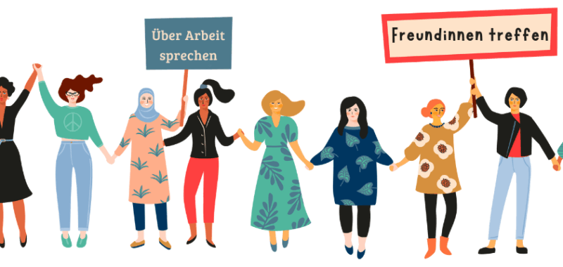 Frauen unterhalten sich im BiB in Augsburg über Arbeit und Beruf in deutscher Sprache. @takeoff.augsburg