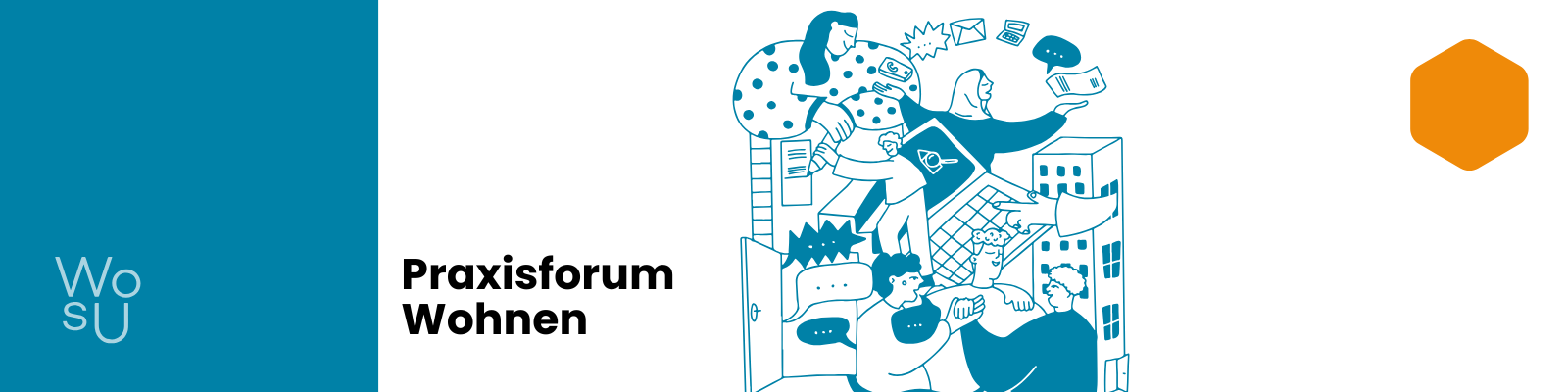 Illustration in den Projektfarben von WOSU – Symbol für menschnwürdiges Wohnen für geflüchtete Menschen