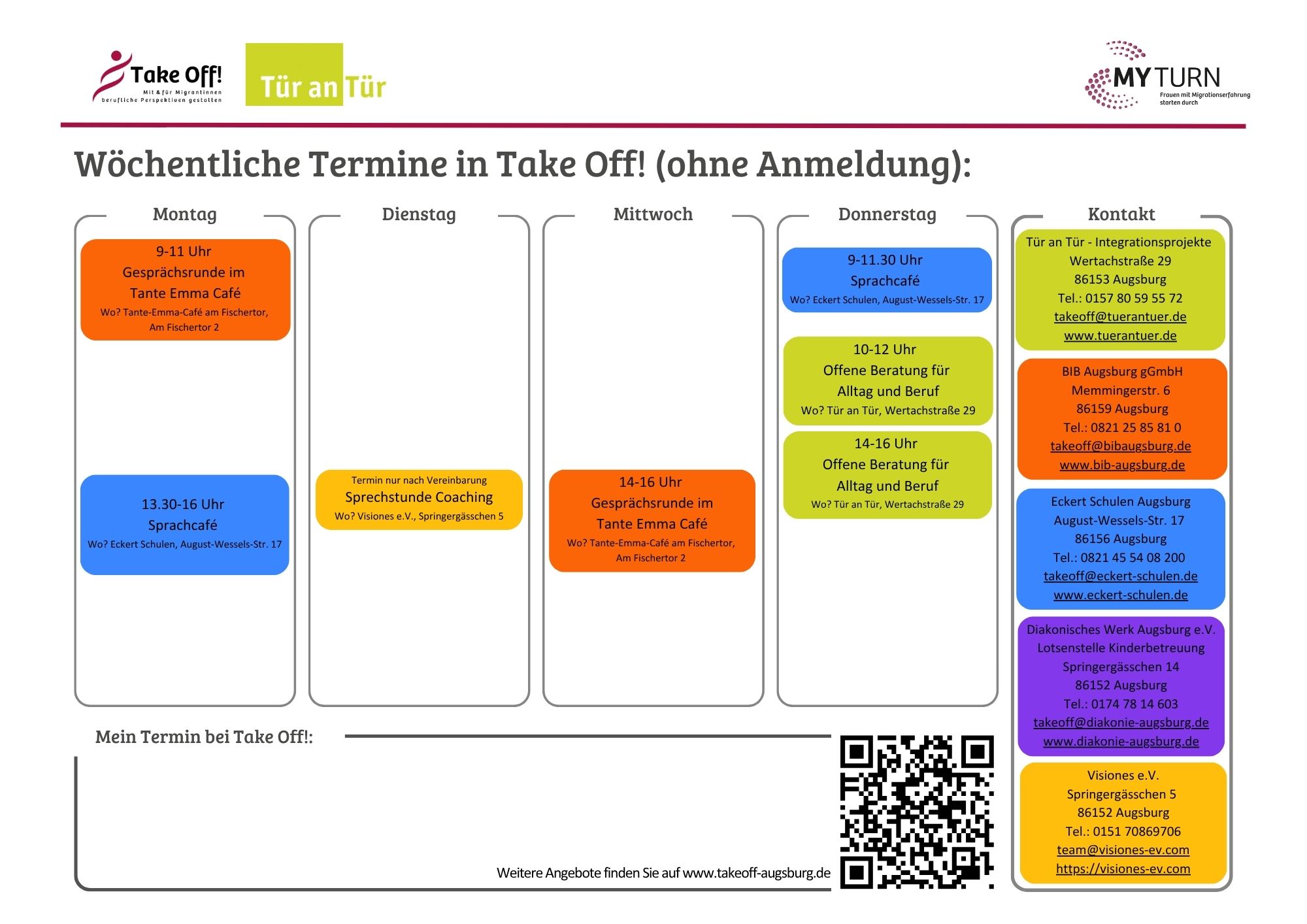 Der Wochenplan von „Take Off“ zeigt alle offenen Veranstaltungen für Frauen in der Woche ab dem 14. Juli 2025 in Augsburg. Jede Veranstaltung ist mit Wochentag, Uhrzeit, Titel und Ort aufgelistet. Alle Angebote sind kostenlos und ohne Anmeldung. Beispiele für Veranstaltungen sind: „Deutsch sprechen“, „Bewerbung schreiben“, „Offenes Café“ und „Yoga für Frauen“. Das Bild richtet sich an Frauen mit Migrationsgeschichte, die Unterstützung beim Einstieg in den Arbeitsmarkt suchen.