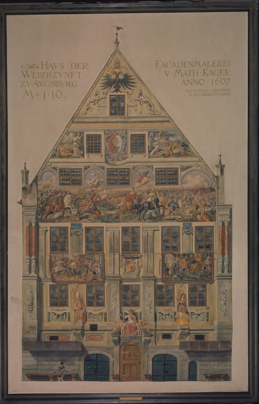 August Brandes, Das Weberhaus, Rekonstruktion der Bemalung der Ostfassade, Öl auf Leinwand, 1904, Kunstsammlungen und Museen Augsburg