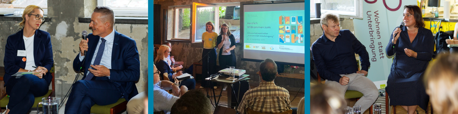 Collage vom Netzwerktreffen Wohnen statt Unterbringung 2025: Zwei Fotos zeigen die Podiumsdiskussion mit Vertreter:innen aus Politik, Verbänden und Wohnungswirtschaft, ein weiteres Bild zeigt eine interaktive Session mit Teilnehmenden aus Zivilgesellschaft und Beratung.
