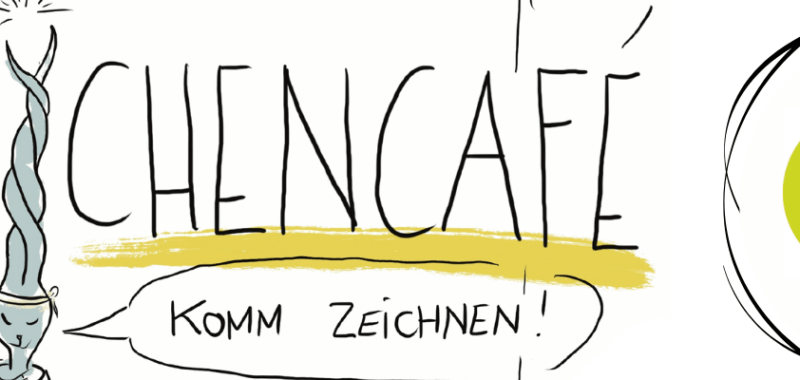 Bunter Flyer zum Zeichencafé im Café Tür an Tür mit Stiften, Skizzen und kreativen Elementen. Daneben das Logo von Café Tür an Tür