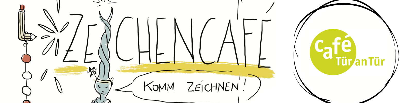 Bunter Flyer zum Zeichencafé im Café Tür an Tür mit Stiften, Skizzen und kreativen Elementen. Daneben das Logo von Café Tür an Tür