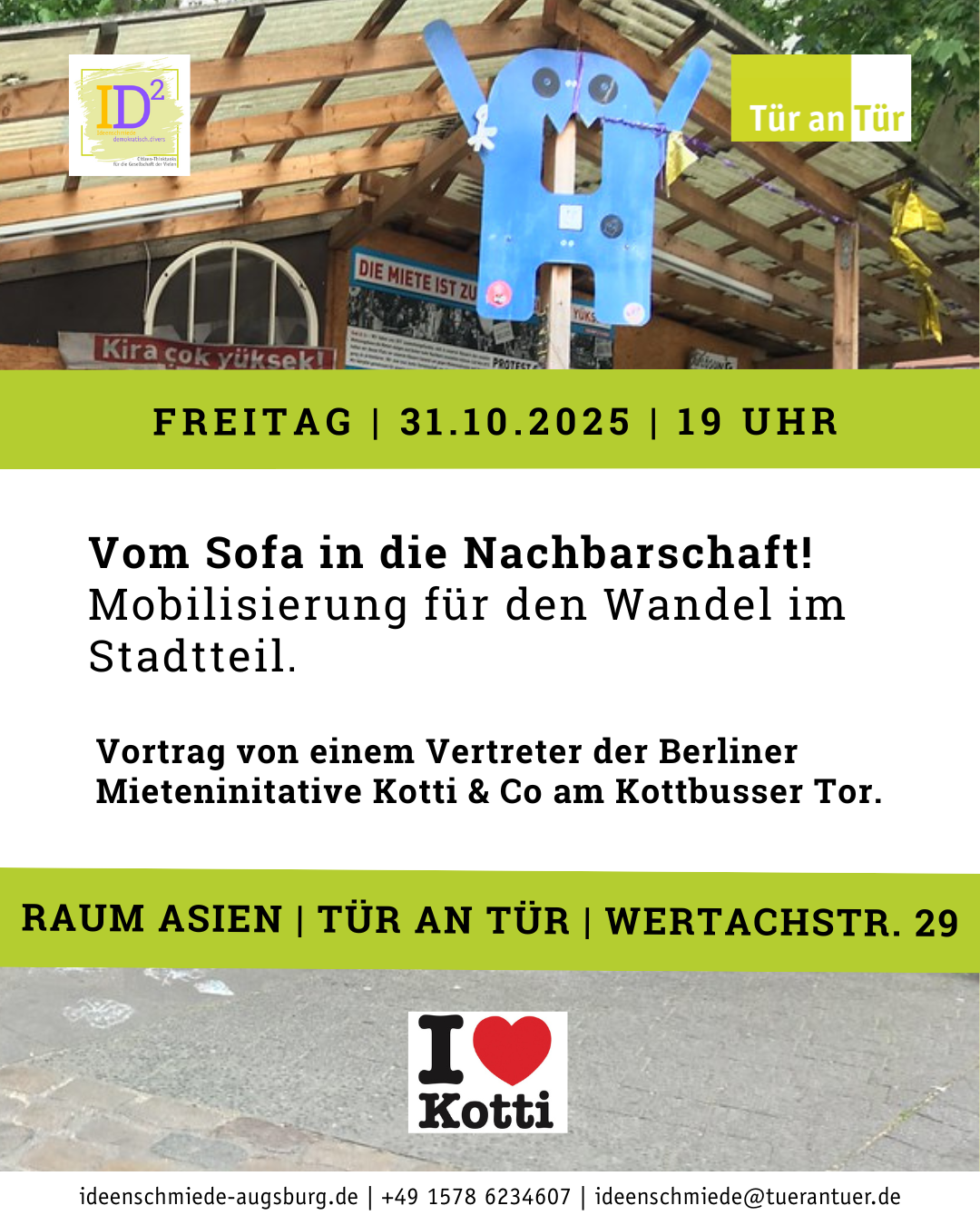 Flyer zur Veranstaltung „Kotti & Co in Augsburg – Vom Sofa in die Nachbarschaft“ mit Titel, Datum und Ort: Café Tür an Tür in Augsburg.