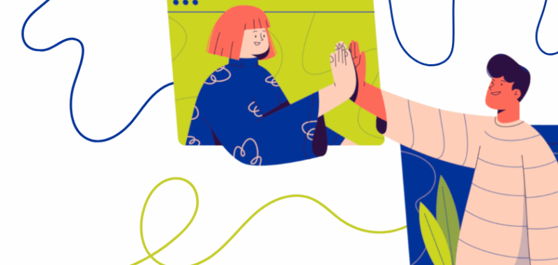 Banner mit DIWA-4.0-Schriftzug und dem Motto ‚Vielfalt! Gerecht! Abbilden!‘; zwei gezeichnete Personen geben sich digital per Bildschirm ein High-Five.