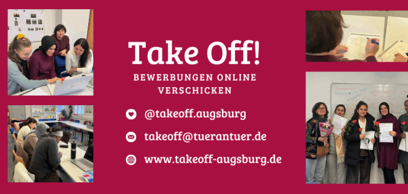 Collage mit Fotos aus dem TakeOff Computerkurs in Augsburg, in dem Frauen das Schreiben und Versenden von Online-Bewerbungen üben.