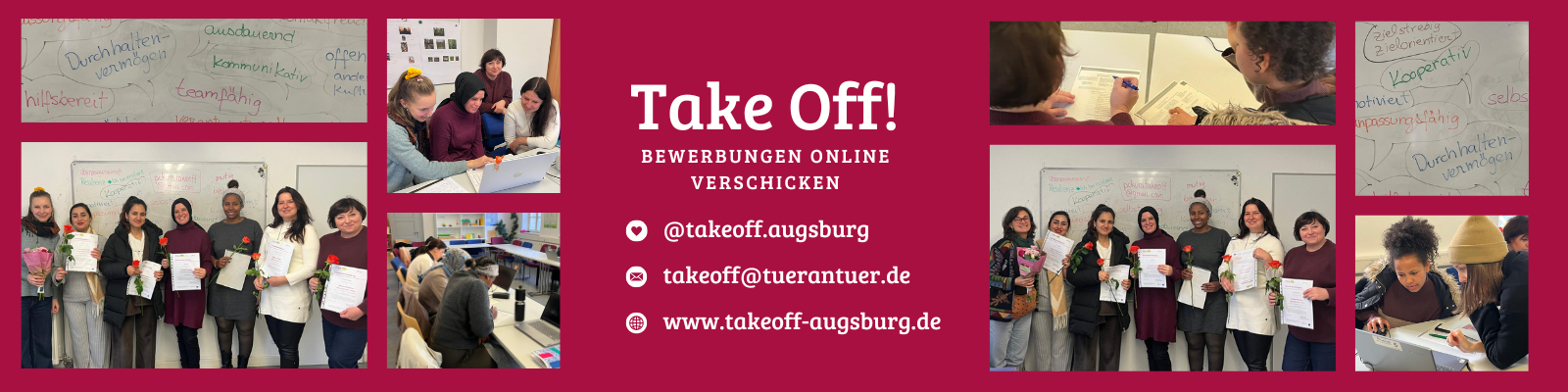 Collage mit Fotos aus dem TakeOff Computerkurs in Augsburg, in dem Frauen das Schreiben und Versenden von Online-Bewerbungen üben.