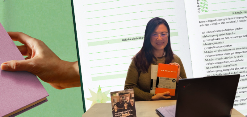 Ehrenamtliche bei Tür an Tür in Augsburg mit dem Kalender „Ein guter Plan“ zur Unterstützung von Selbstfürsorge im Ehrenamt.